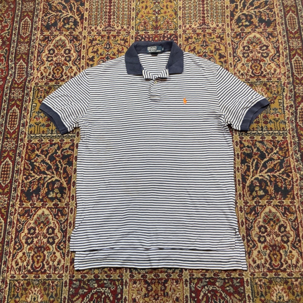 VTG 90s Polo Ralph Lauren M Blue Multi Striped Cotton Polo Shirt Orange Pony